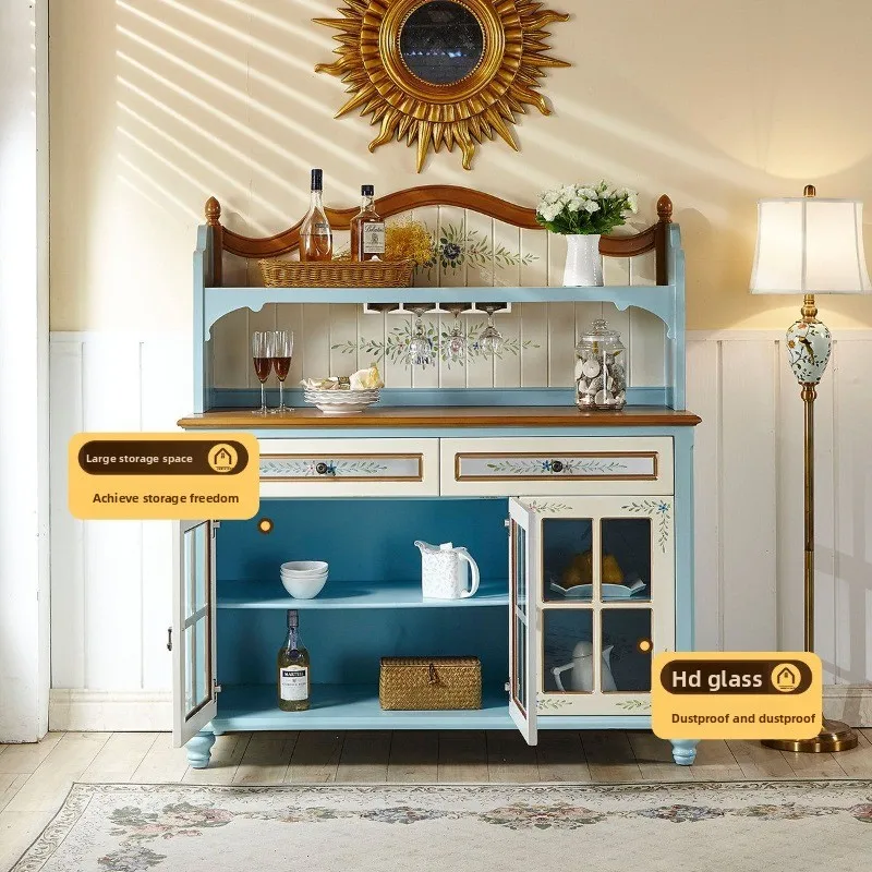 Mediterranean style wine cabinet, three-door large-capacity side cabinet, integrated blue wood against the wall