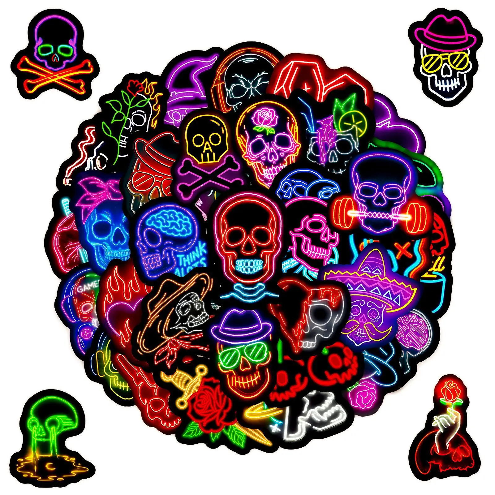 

10/50PCS Neon Style Cartoon Cool Skull Sticker Personalized Creative Decorative Motorcycle Helmet Skateboard Graffiti Decal