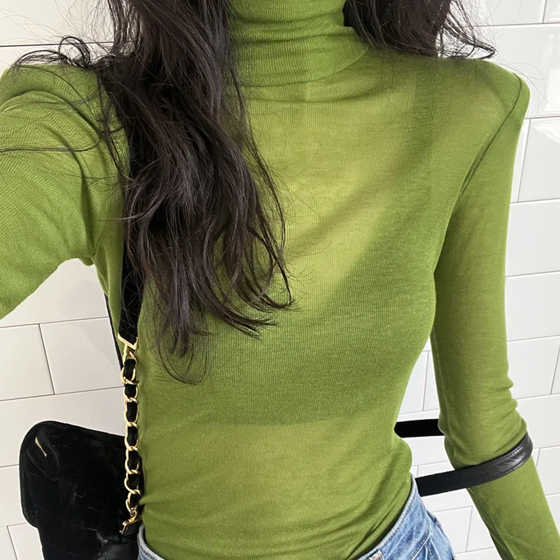 Turtleneck See Through T Shirt For Women Long Sleeve Top Thin Slim T-Shirts Female Elastic Tee Shirt Femme Spring Woman Clothes