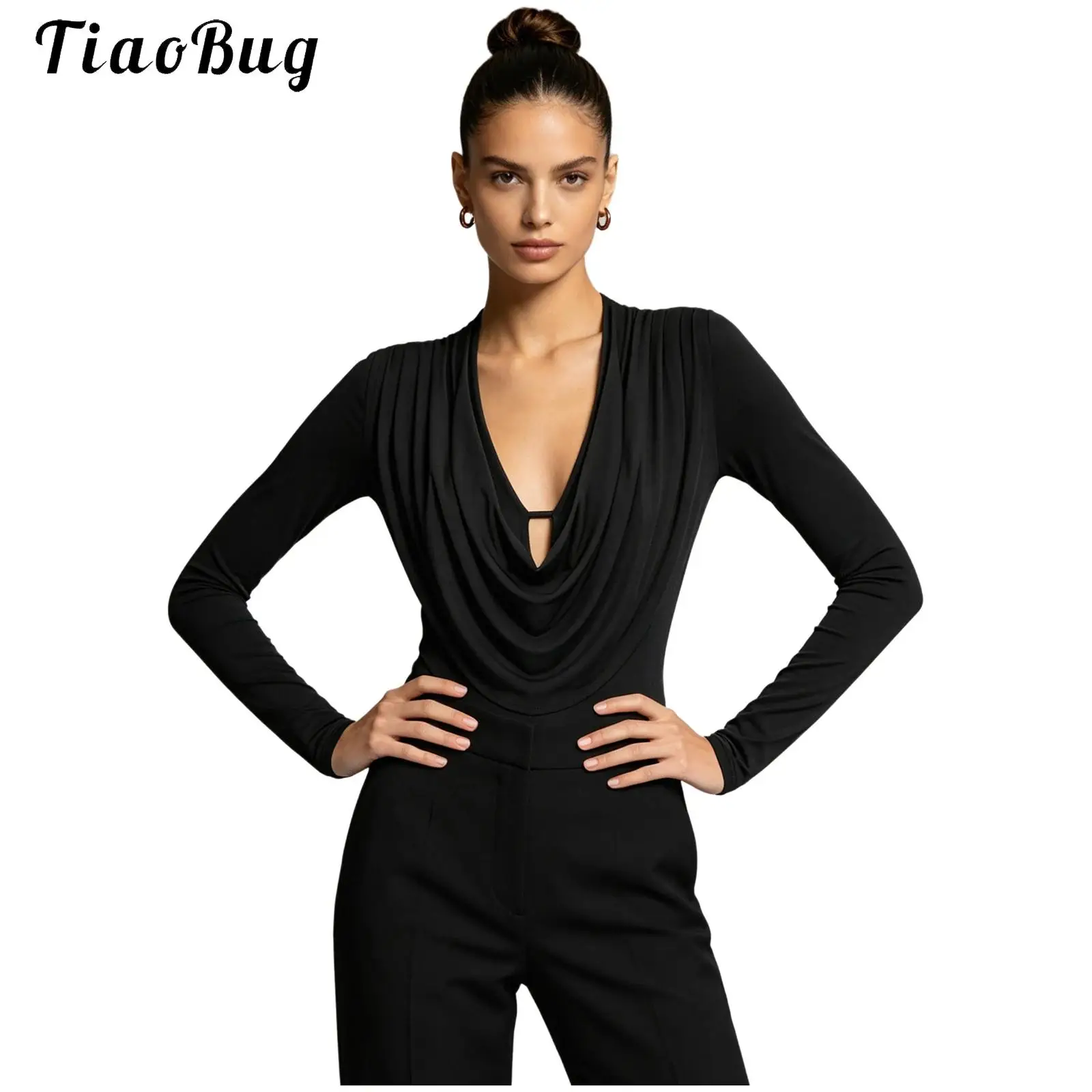 Women Long Sleeve Daily Out Office Work Leotard Long Sleeve Cowl Neck Buttoned Crotch Bodysuit