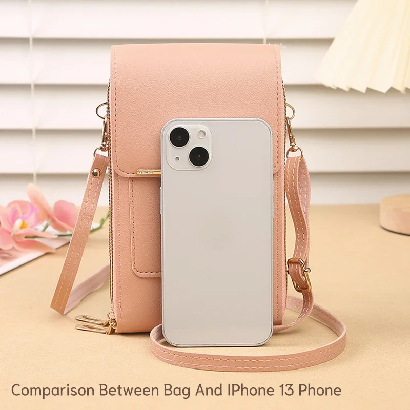 Mini Crossbody Bag for Women\'s Key Credit Card Mobile Phone Storage Bag with Touchable Film Cute Solid Color PU Multiple Pockets