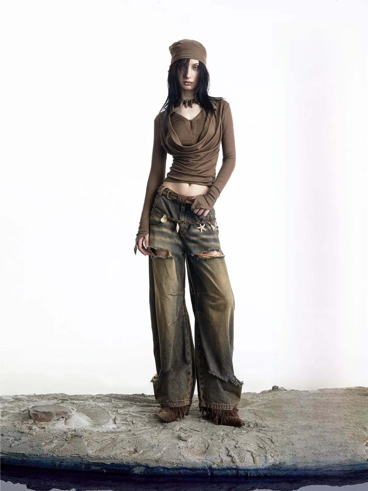 

High Elastici Long Sve T-irt Nomadic Sle Pendulum Collar Punk Sle Universal Fit ort Length Pure Color Women's Tee