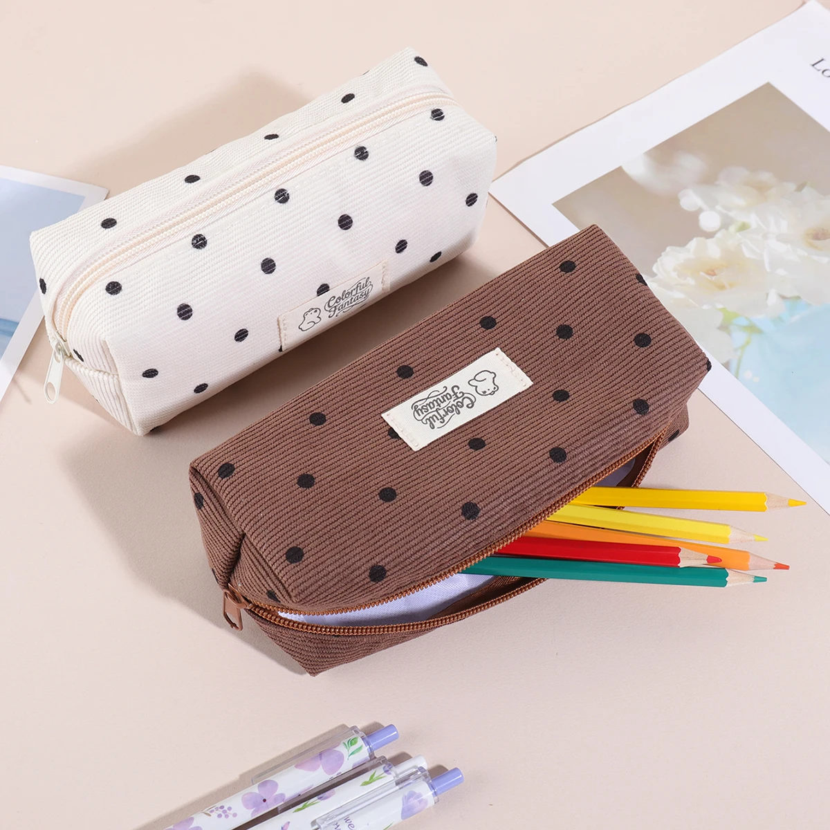 Niedliches Federmäppchen mit Punkten für Schule und Büro, Reißverschlusstasche, Organizer für Stifte, Bleistifte, Make-up-Pinsel, Geschenk für Schüler und Frauen
