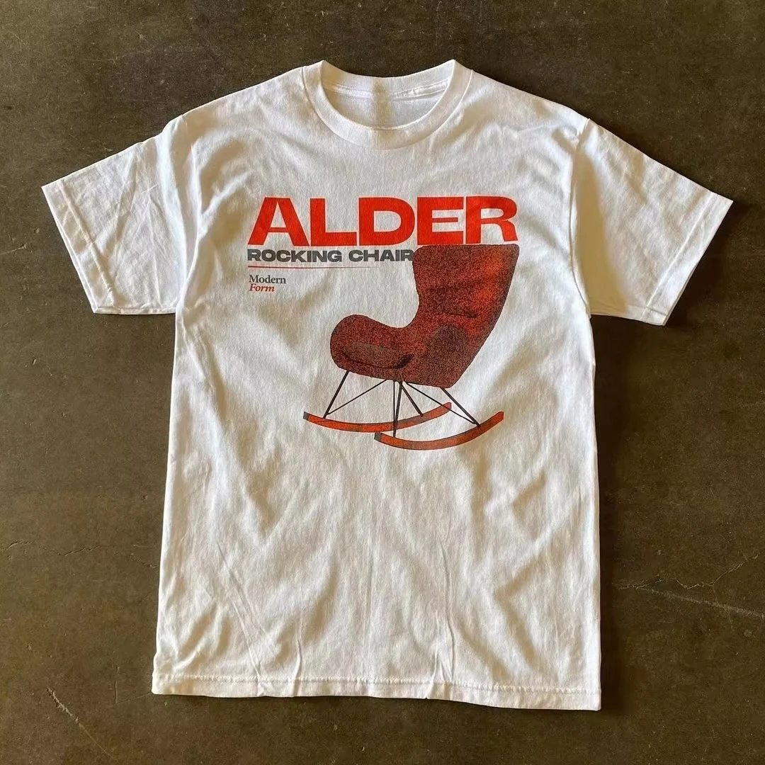T-shirt blanc ample et respirant à col rond et manches courtes pour homme, 100 % coton, imprimé motif chaise à bascule, collection été 2026