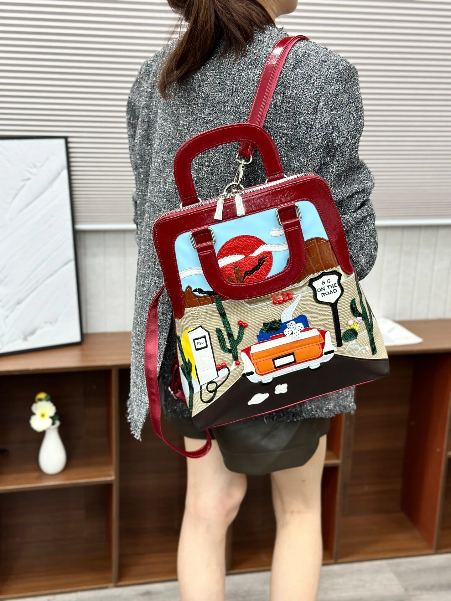 Adult Girls PU Backpack New Ins Women's Spliced Embroidery Large Capacity Bookbag College Students Retro Color Blocked Handbag
