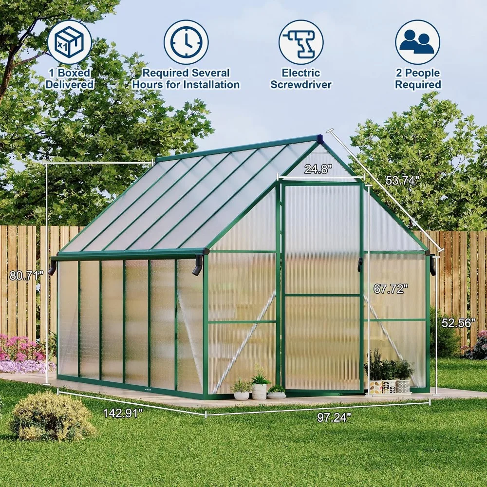 Heavy Duty Aluminum Frame Walk-in Greenhouse, Polycarbonate Panel & Quick Setup, Outdoor Plant Growing, 8x12ft, Custom