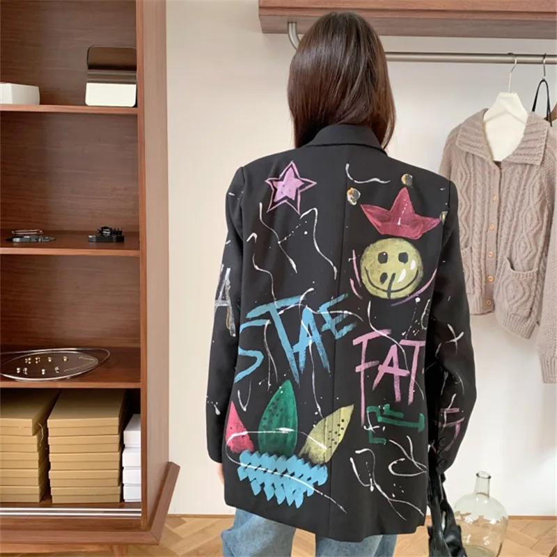 2024 Spring Autumn New Fashion Colorful Letters Graffiti Pattern Blazer Women Single-Breasted Suit Jacket Female Loose Coat W270