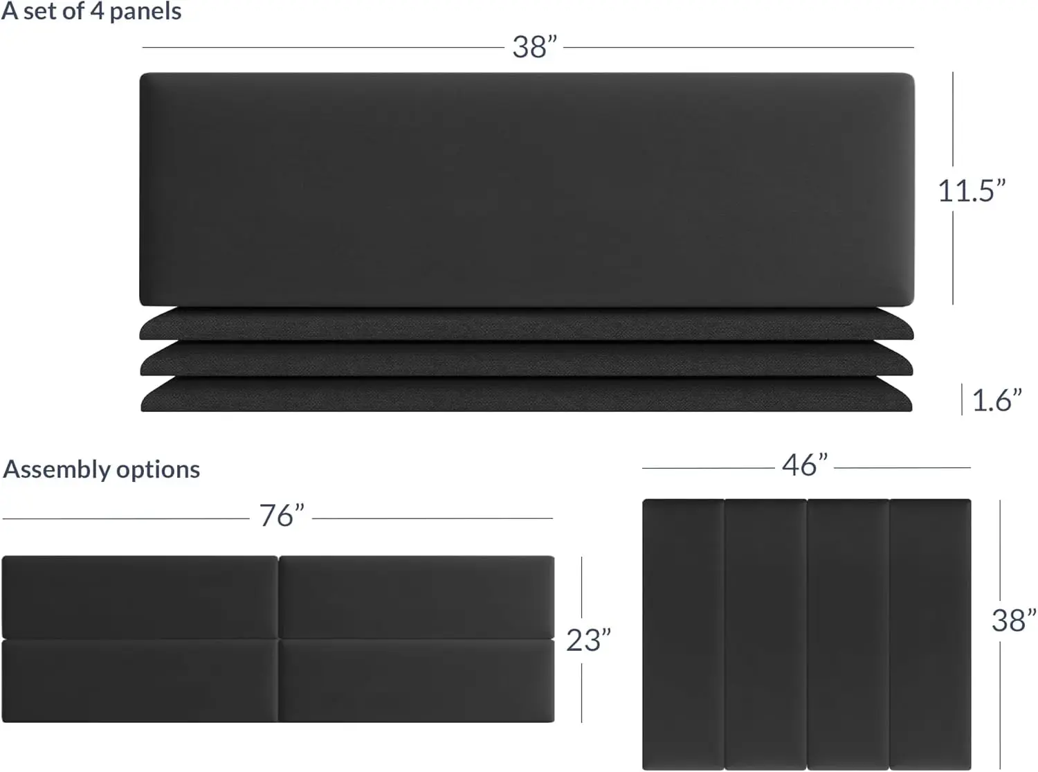 Upholstered Wall Panels, Alaskan King Wall Mounted Headboards, Black (Each Individual Panel 38