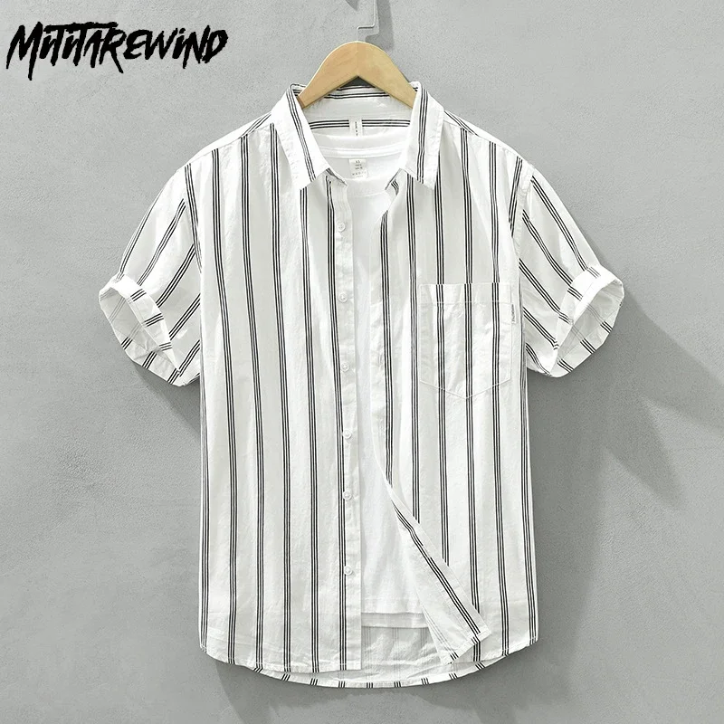 

Japan Style Striped Short Sleeve Shirt Men Summer Daily Casual Shirts Lapel Pocket 100%Cotton Button Up Shirt Simple Man Clothes