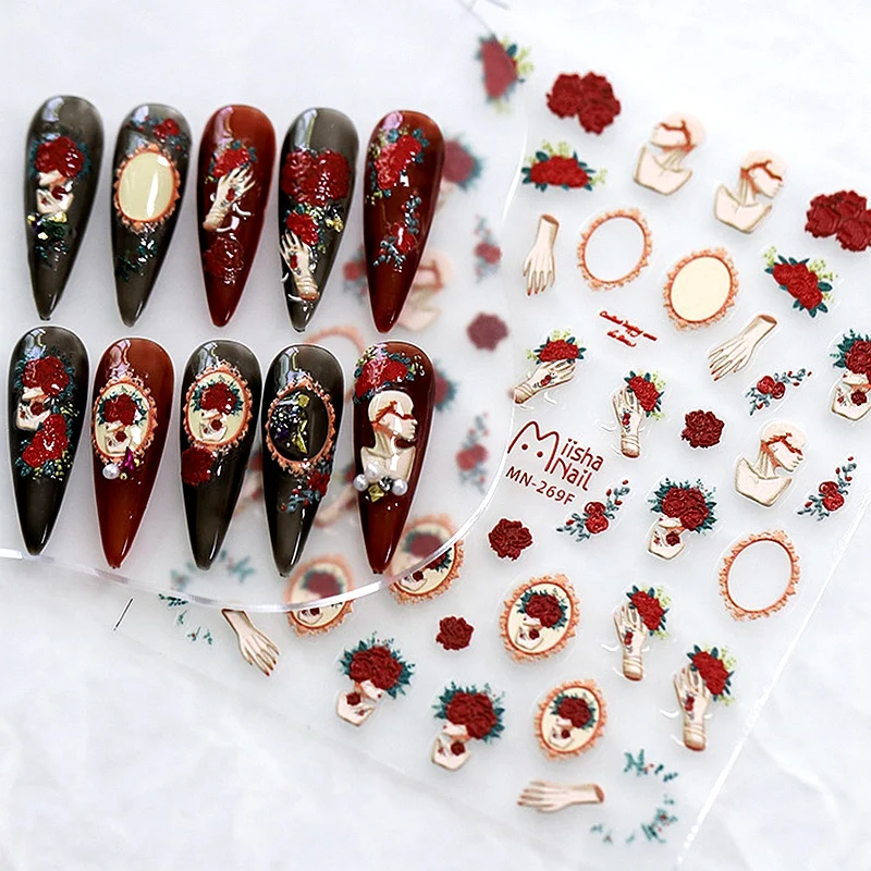 5D Realistic Relief Bloody Red Rose Spread Over Hand Head Mirror Frame Adheisve Nail Art Stickers Decals Manicure Ornaments