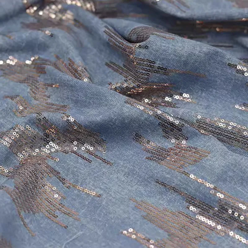 Thick Jeans Fabric With Champagne Sequins Embroidery After Washed Denim DIY Sewing Dress Blazer Suits Telas 50X150cm