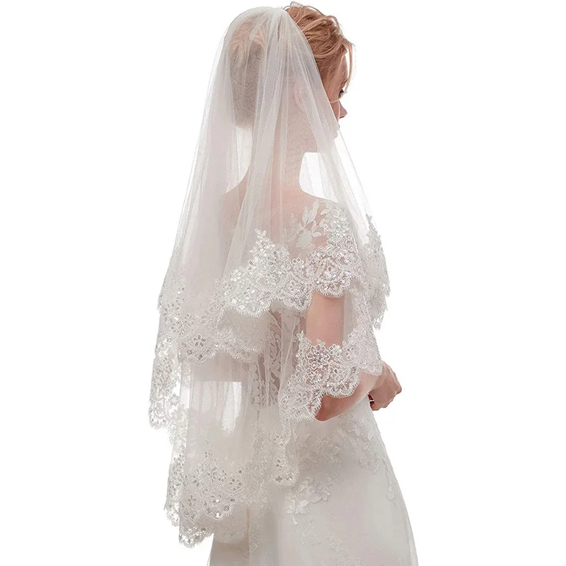 Vrouwen Korte 2 Tier Kant Wedding Bridal Veil Met Kam Bridal Accessoires Velo De Novia