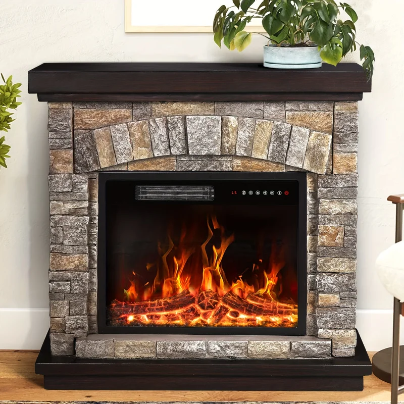 Electric Fireplace with Mantel, 36 inch Freestanding Stone Fireplace Heater TV Stand with Remote Control, Realistic Flame