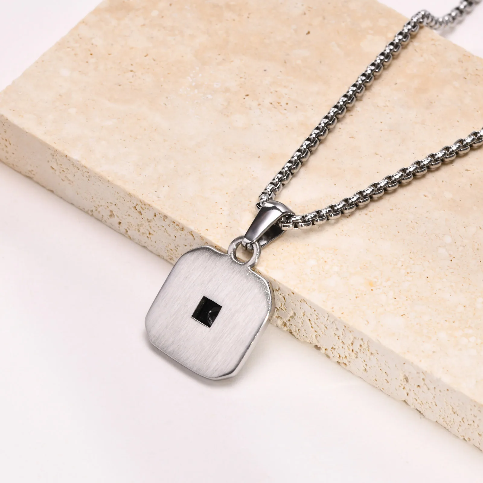 Men\'s Pendant Necklace,Black Square Zircon Embossing Radiation Sunburst Pendant Collars,Stylish Stainless Steel Jewelry Gifts