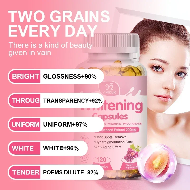 Anti-Aging Whitening Supplements, with Vit C & Grape Seed, Brighten Complexion, Fade Spots & Enhance Luster