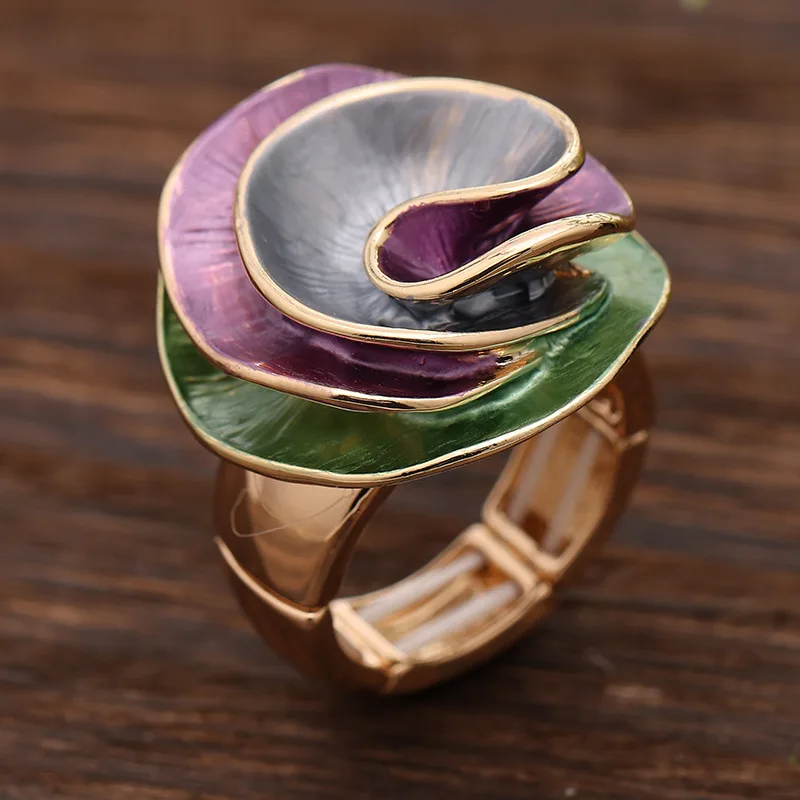 HangZhi Geometric Flower Large Elastic Ring Three-dimensional Colorful Drip Glaze Chunky Vintage Exquisite Jewelry for Women New