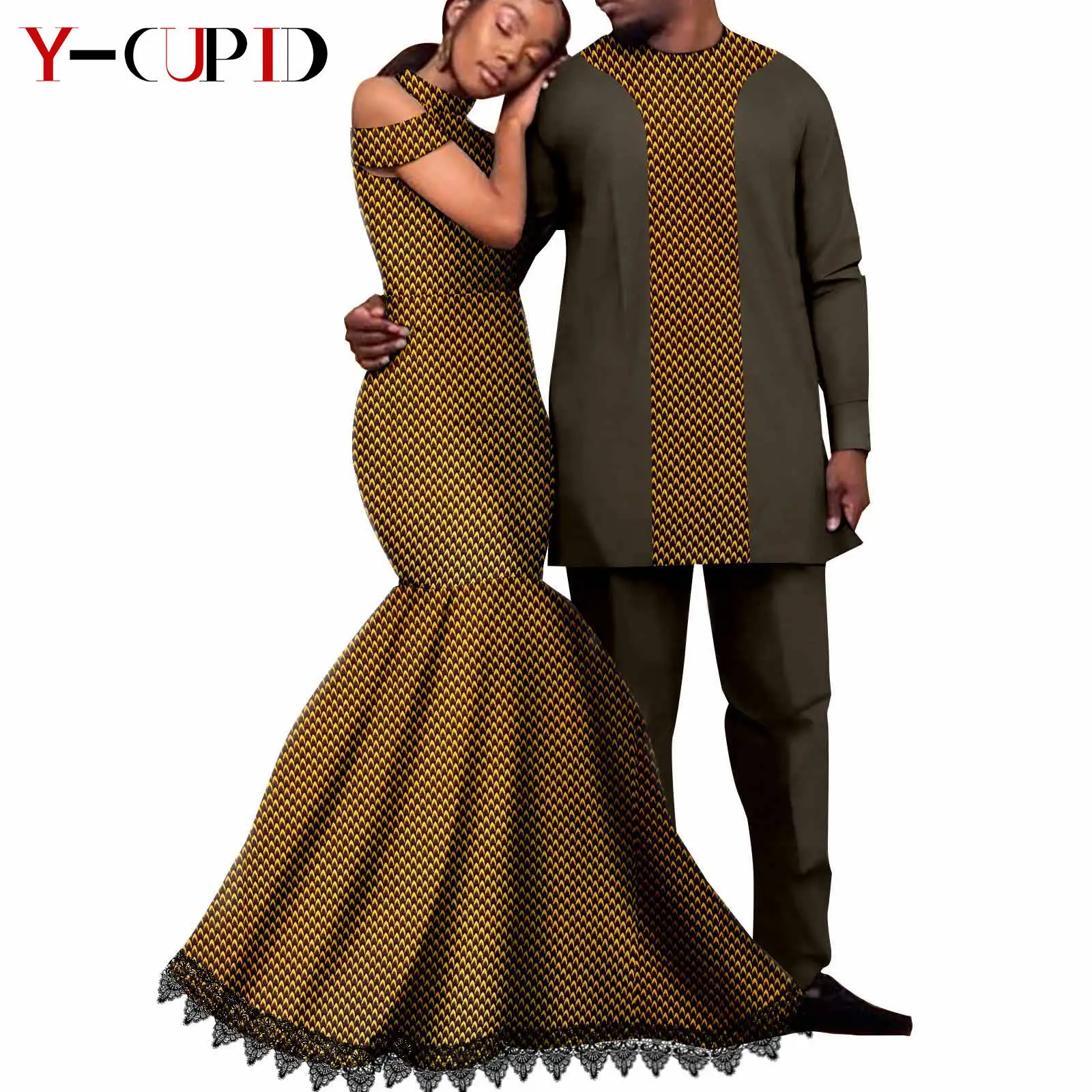 Dashiki African Couple Clothes Ankara Print Lace Long Mermaid Dresses for Women Matching Men Outfits Wedding Vestidos Y22C033