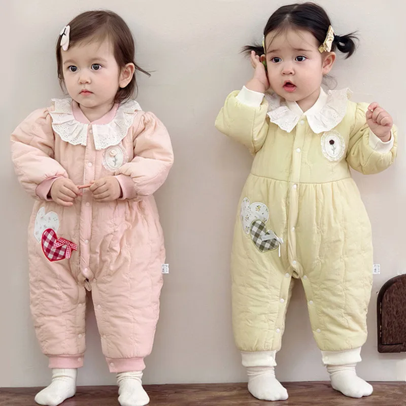 

Baby Girls Winter Jumpsuit Snowsuit Clothes Newborn Cotton Padded Jacket Thick Lace Princess Rompers 0-2 T