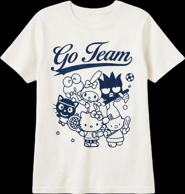Hello Kitty and Friends Go Team Sport Vintage Graphic T‑Shirt O‑Neck Short Sleeve Multi‑Character Cartoon Loose Cotton