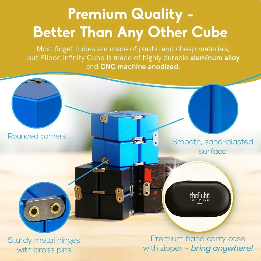 PILPOC theFube Infinity Cube Fidget Toys Erwachsene Aluminium Infinite Magic Cube mit Koffer Robust Schwer Linderung von Str und Angst für
