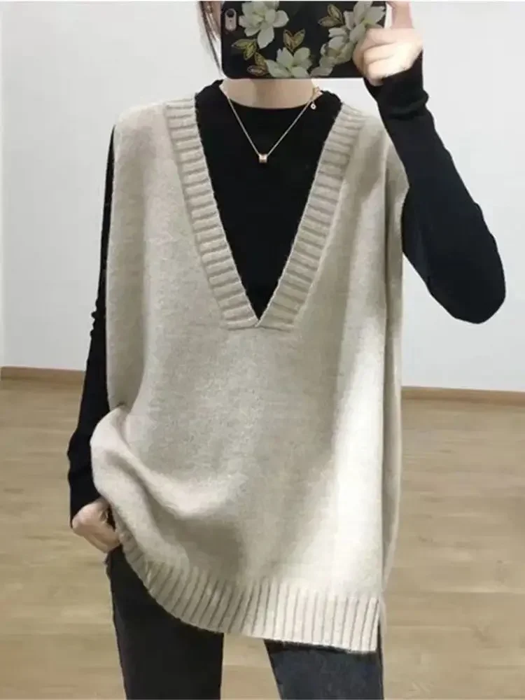 

Осень-зима 2026, повседневные вязаные свитера, женские модные пуловеры, жилет с v-образным вырезом, уличная одежда в студенческом стиле, вязаный жилет, свитер