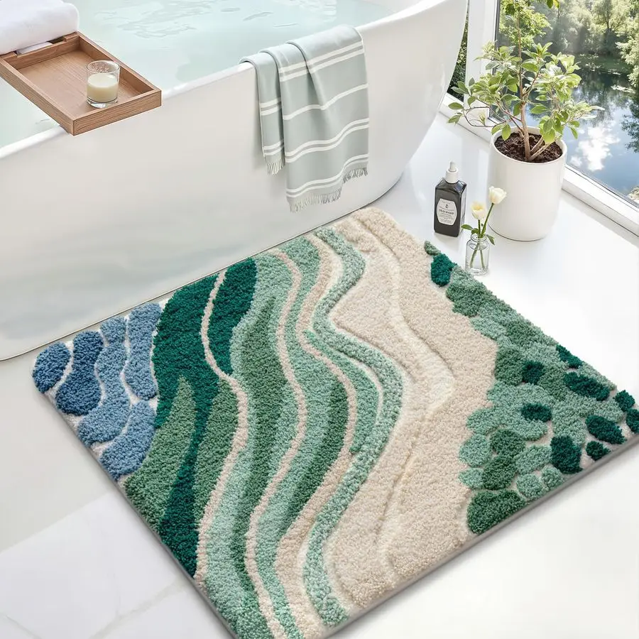 

Beach Bathroom Rug Square, Non Slip Bath Mat Quick Dry, Ultra Soft Washable Absorbent, Ocean Sea Theme Bath Rug for Shower Floor