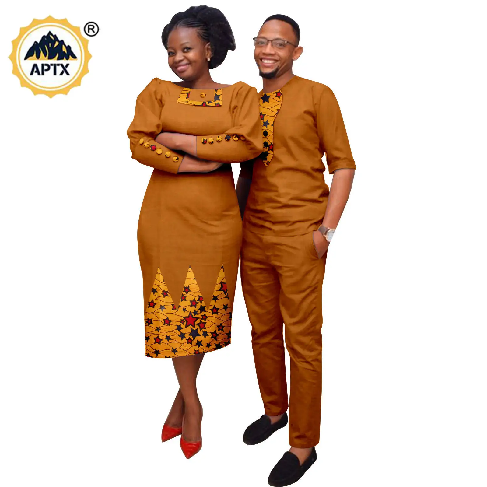 African Appliques Dresses for Women Matching Couple Outfits Dashiki Men Clothes Bazin Riche Top and Pant Sets Wedding  24C050