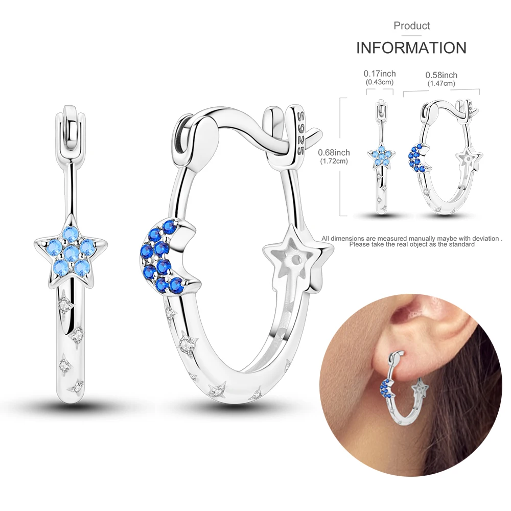 OL Style 925 Sterling Silver Sparkling Gradient Blue Zirconium Star Moon Asymmetrical Rarrings Ladies' Minimalist Jewelry