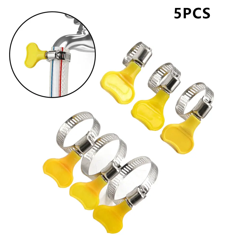 

5pcs 10-38mm Wriggle Hose Clamps Pipe Clip Adjustable Yellow Plastic Handle Hand Stainless Steel Clips Hand Tools