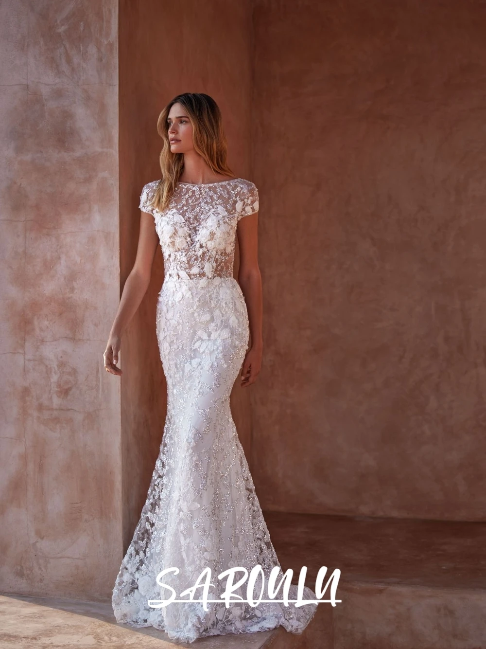 

Dazzling Floral Mermaid Wedding Dress, Charming Backless Customized Bridal Gown, Long Flowing Cape, Dreamy Short Sleeves Wear