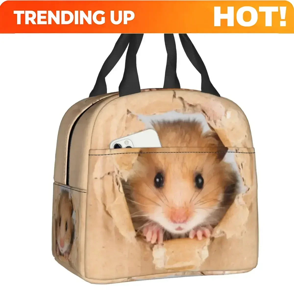 Custom Bag Custom Hamster Peeping Through Hole In Brown Cardboard Insulated Lunch Bags For Women Resuable Cooler Thermal Bento B