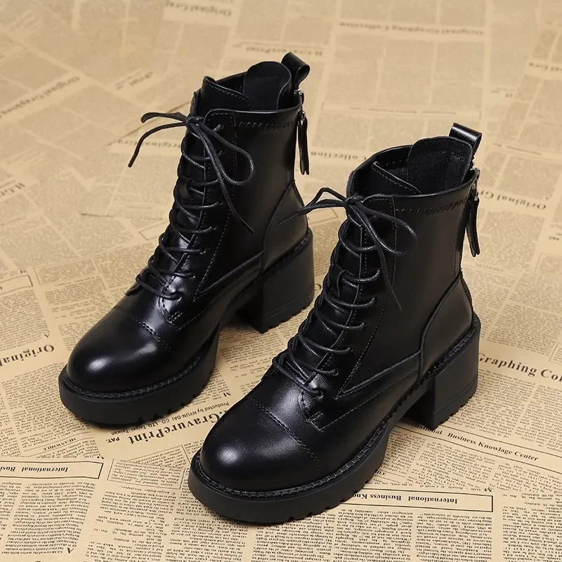 Botas de meia-panturrilha redondas para mulheres, sapato frontal com cadarço, fecho traseiro, moda moderna, venda quente, novo, 2024