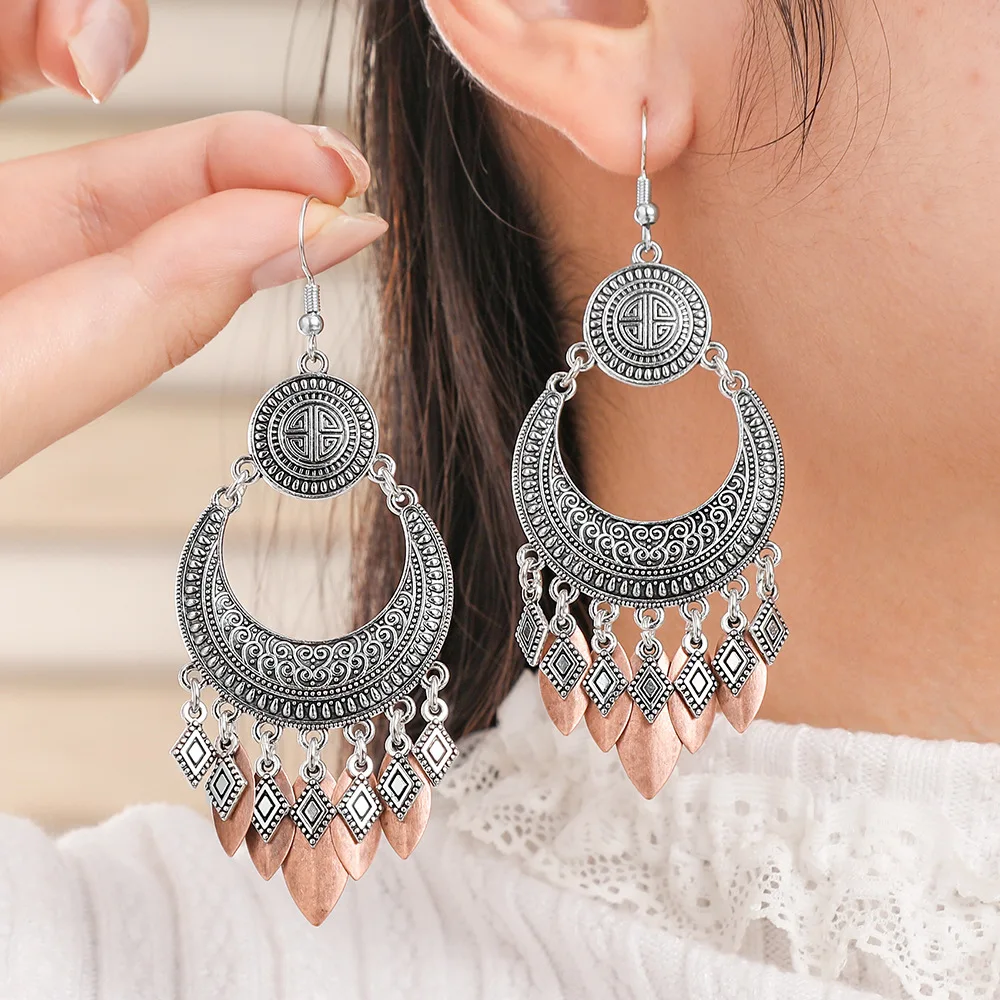 Ethnic Silver Color Water Drop Leaf Tassel Earrings For Women Vintage Creative Carved Geometric Temperament Earrings Jewelry