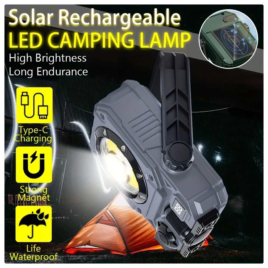 Solar Rechargeable COB Camping Light 5 Modes Tent Lamp Stepless Dimming Outdoor 3600mAh Long-Lasting Powerful LED Flashlight