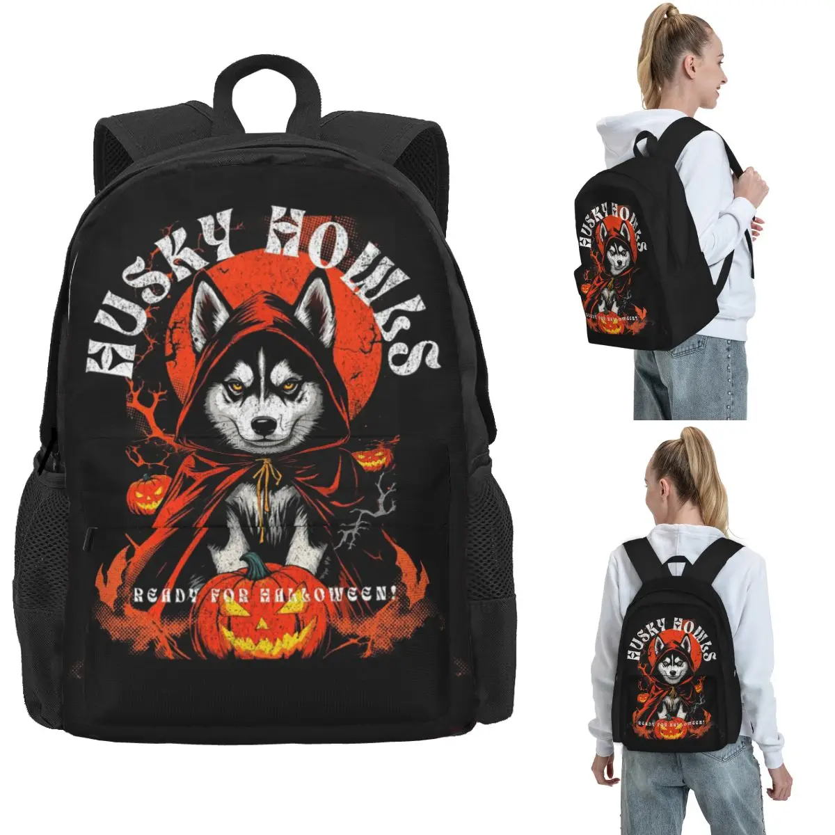 

Husky Howls Night Of The Jack-o'-Lanterns Backpack Daypack Large Capacity BookBag School Bag Shoulder Bags for Men Women