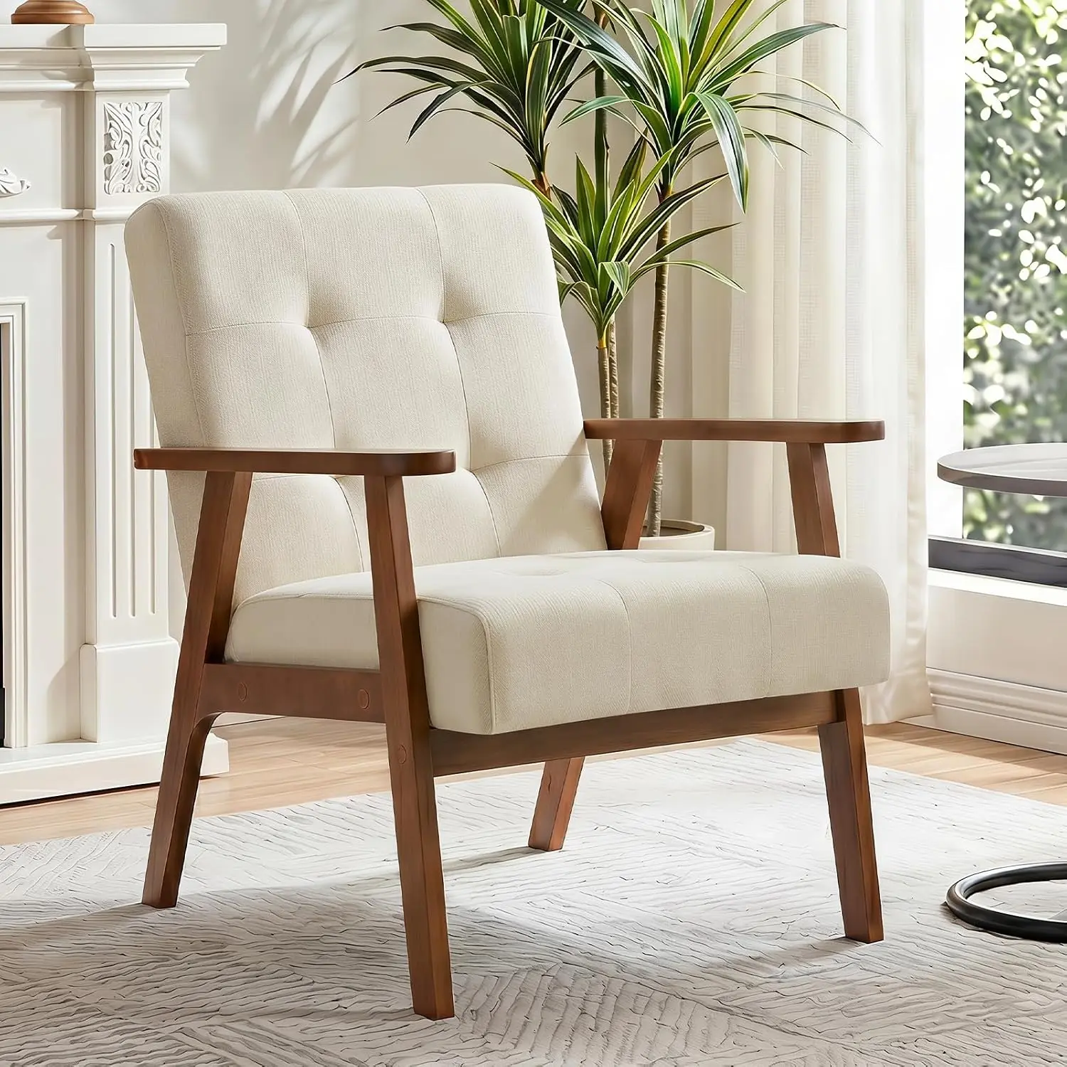 Linen Button Tufted Armchair with Solid Wood Legs & Thick Cushion for Living Room Bedroom Waiting Room, Beige, Customized