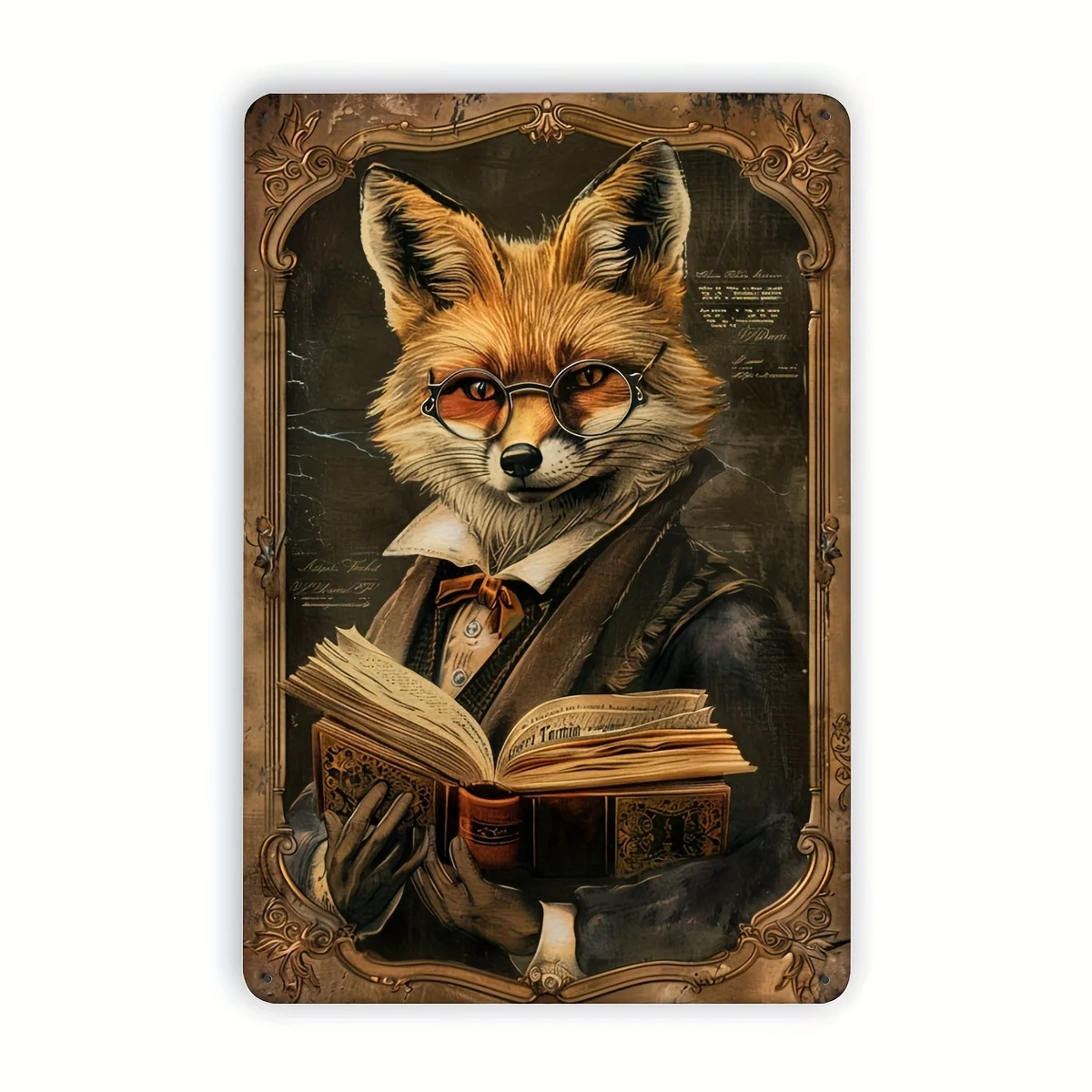 Vintage Fox Librarian Metal Tin Sign - Classic Literary Style Art Decor for Study, Library, School, Home Bedroom - 8x12 Inche