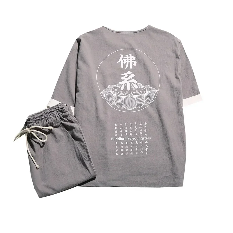 Винтажные комплекты с вышивкой и v-образным вырезом, топы и брюки с длинными рукавами, уличная одежда в китайском стиле, хлопковый свободный мужской костюм, повседневный комплект из 2 предметов 1 MN1