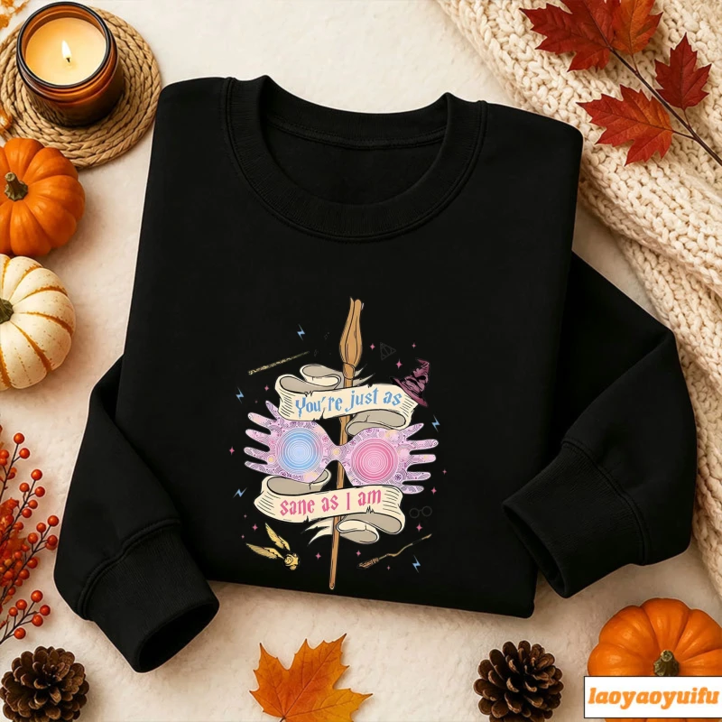Magic Spectacles Broom Wand Golden Snitch Ribbon Text Print Pullover Long Sleeve Casual Loose Streetwear Fashion Sweatshirts Top