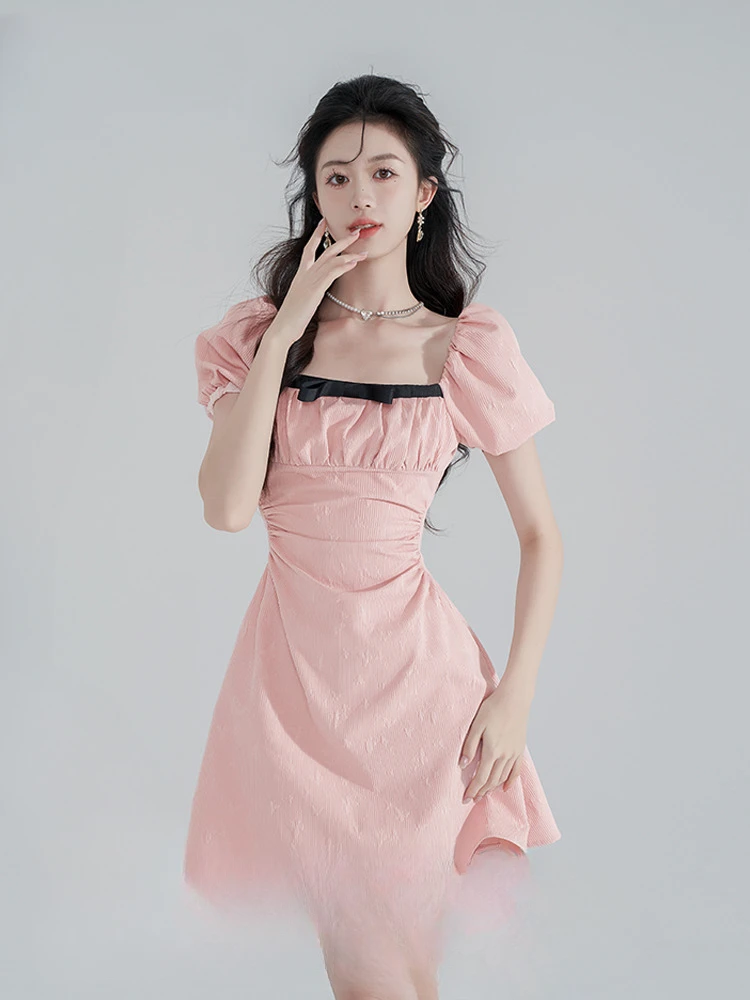 Dress Women's Pink Square Collar Tight Waist Short Fashionable Pleated Mid-Length SpringSummer Elegant Sweet French A- lineSkirt