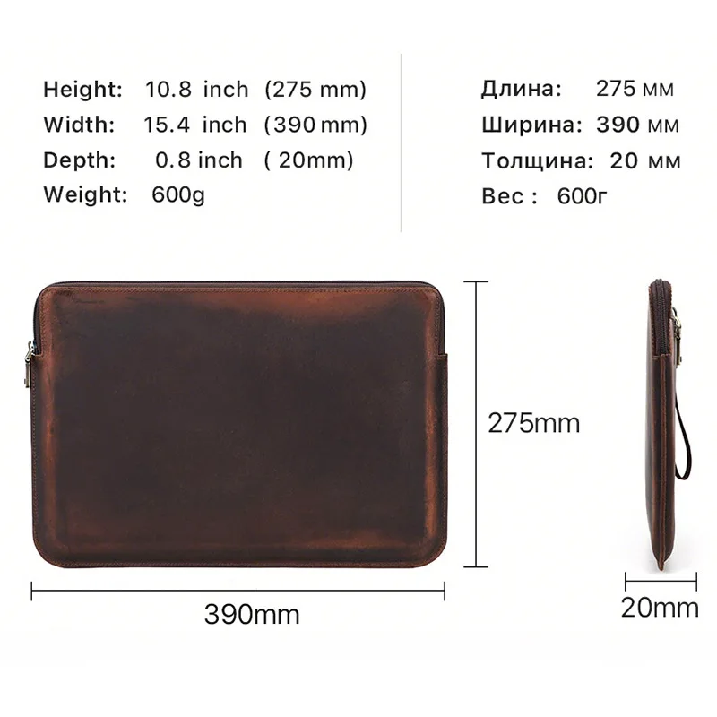 مناسبة لجهاز Macbook Pro15 حافظة واقية من الجلد الطبيعي مع سحاب للمعصم وحقيبة محمولة لتنظيم الكمبيوتر