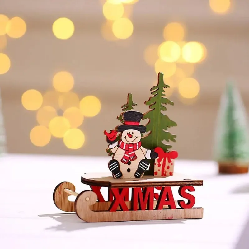 Santa Claus Sleigh Ornament Wooden Christmas Santa Figures Desktop Decoration Table Top DIY Wooden Craft Christmas Decoration