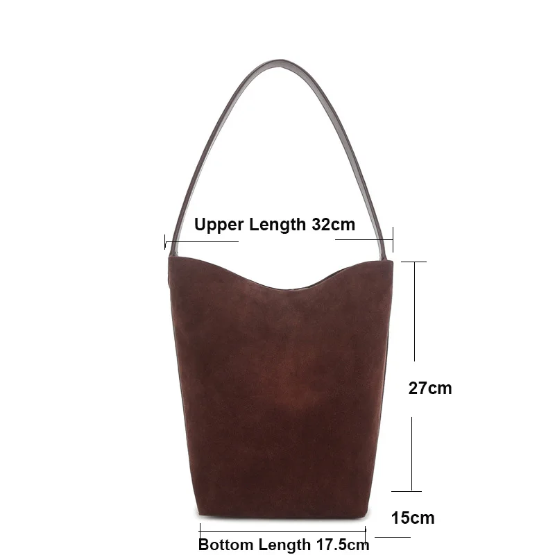 Donna-in Suede Tote Bag Genuine Cow Leather Casual Shoulder Bucket Bags for Women Middle Size 27cm Coffee