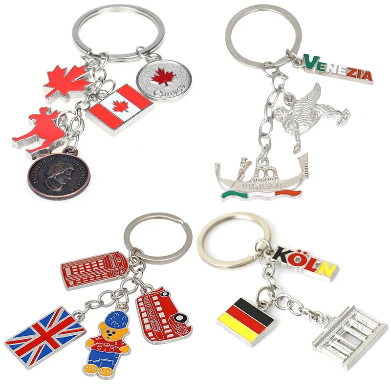 Enamel Flag Keychain Canada Germany Czech Venice UK London Building Alloy Drop Oil Pendant Travel Souvenir Car Bag Key Ring Gift