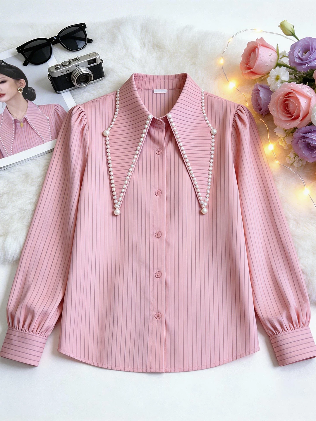 

Элегантная розовая полосатая рубашка с воротником в стиле пэчворк, женская рубашка уникального дизайна, красивый свободный топ с длинными рукавами, повседневный стиль для ранней весны