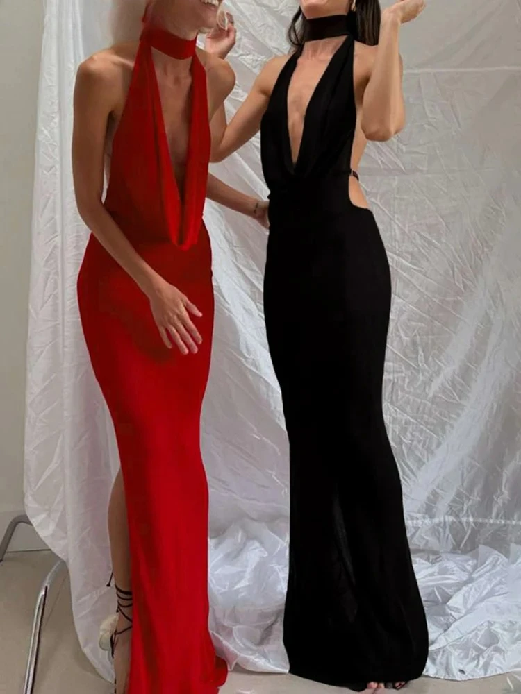 Vestido Halter hueco para mujer, cuello bajo, espalda descubierta, Sexy, sin mangas, aberturas, tendencia, banquete de medianoche, ceñido largo coqueteo