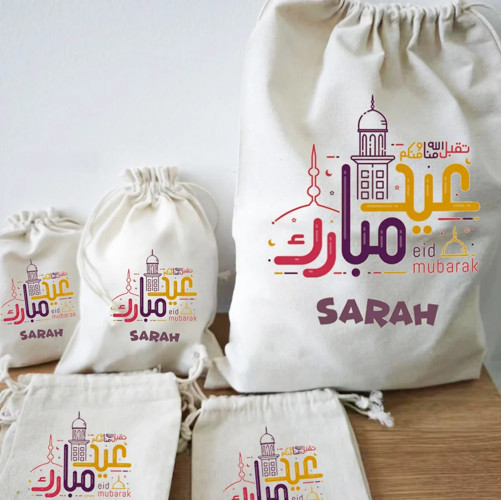 personalized Cotton Ramadan Gift Bags for kids boys girls Islamic Eid Iftar Favor Bag for Muslim Umrah Ramadan Decoration 2025