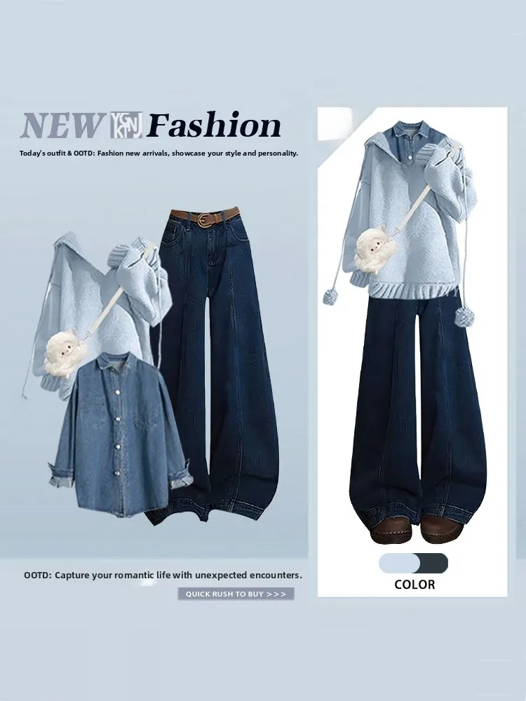 

College Sle Anti-Aging Hooded Sweater Denim Jaet Loose Wide Leg Pants Winter plus Size Fat Sister Tee Piece Set