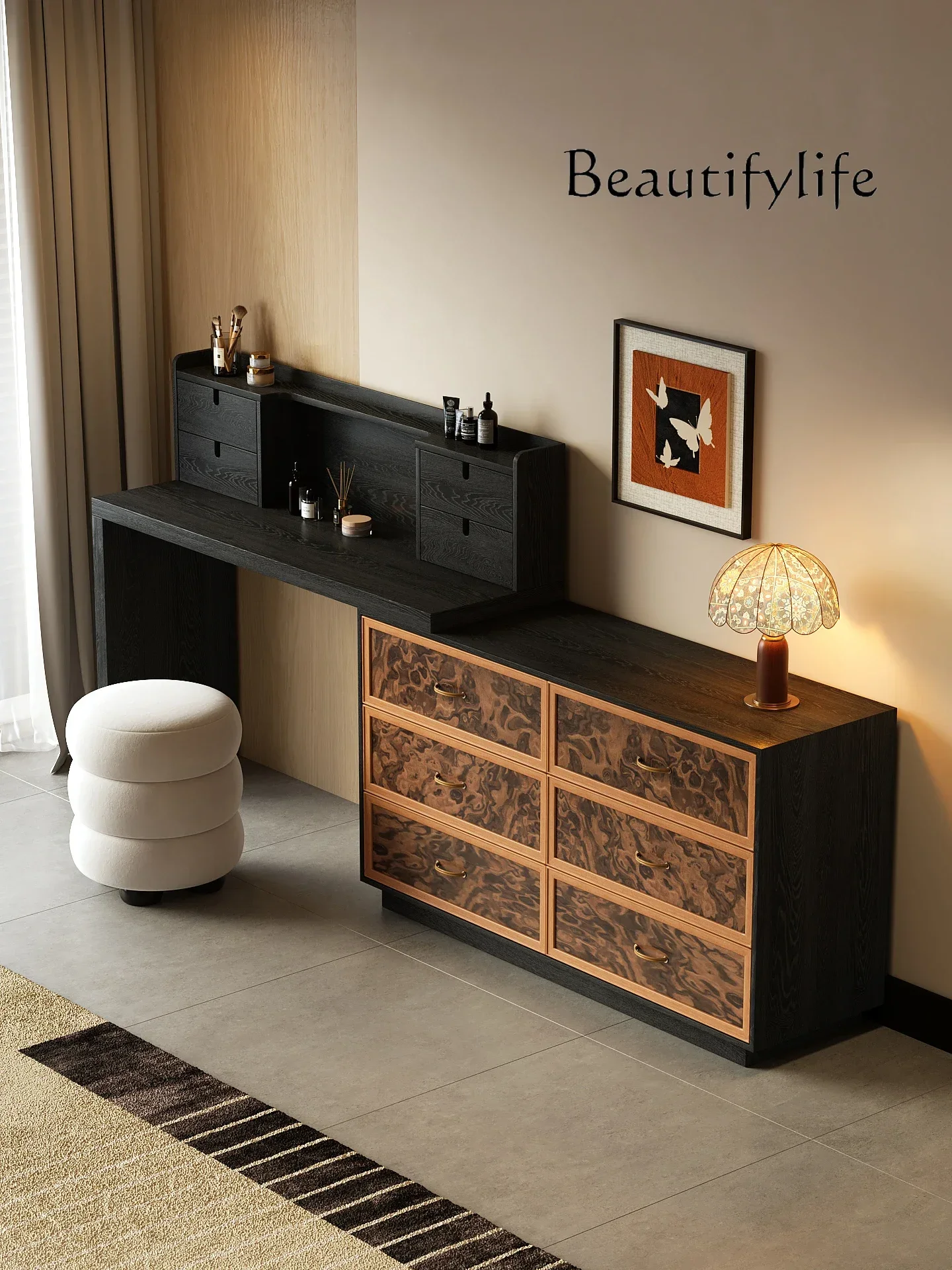 N19  Italian minimalist medieval style solid wood dresser chest integrated bedroom storage rack makeup table