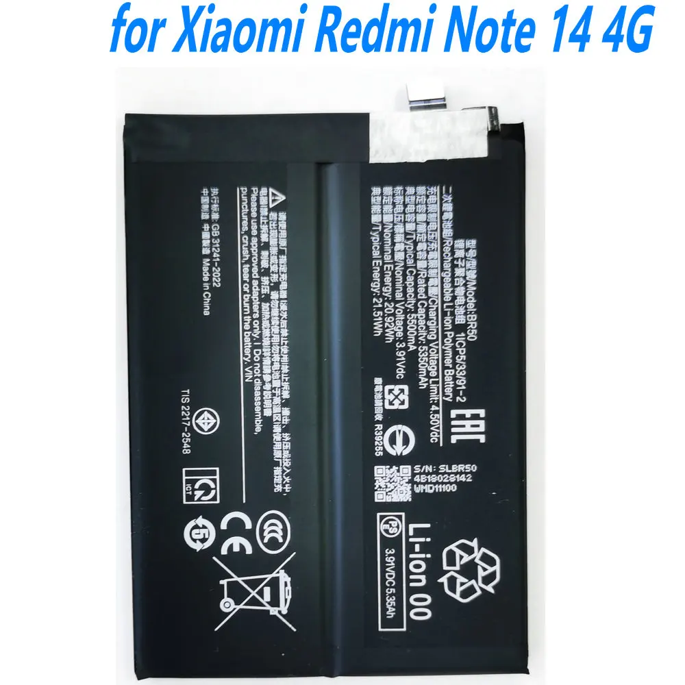 New 3.91V 21.51Wh BR50 High Capacity Battery for Xiaomi Redmi Note14 4G Mobile Phone